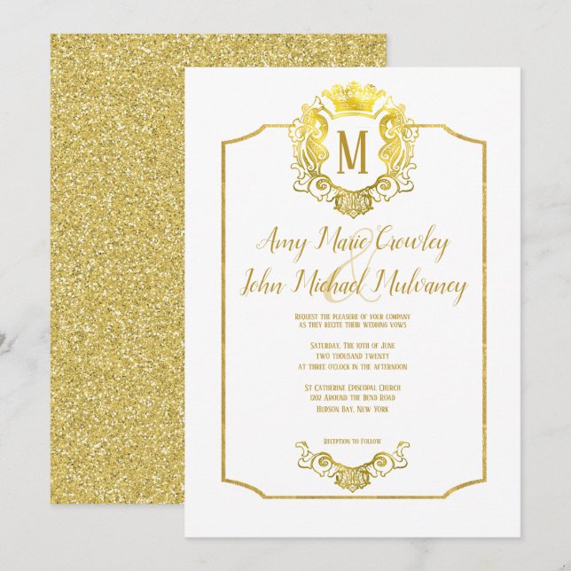 Elegante invitación a la boda Escudo Real de Oro d (Anverso / Reverso)