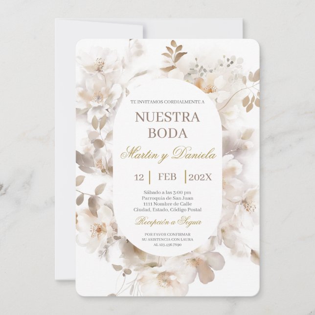 Elegante invitación a la boda española floral (Anverso)