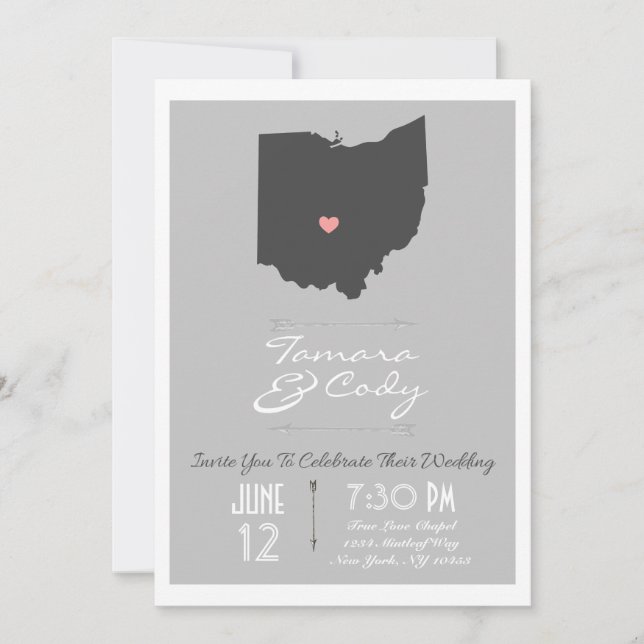 Elegante invitación a la boda estatal Ohio Gris Gr (Anverso)