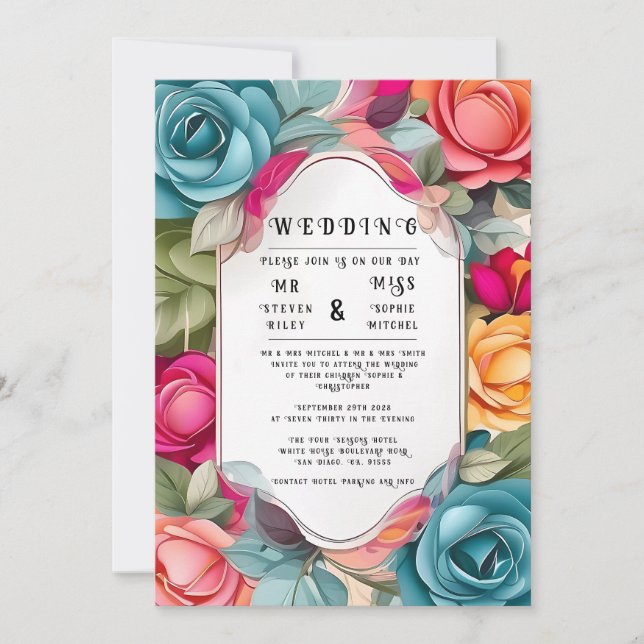 Elegante invitación a la boda floral (Anverso)