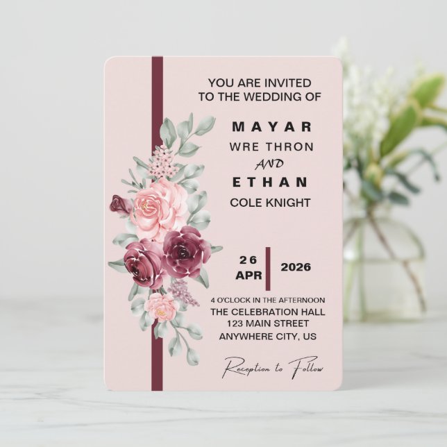 Elegante invitación a la boda floral (Anverso de pie)