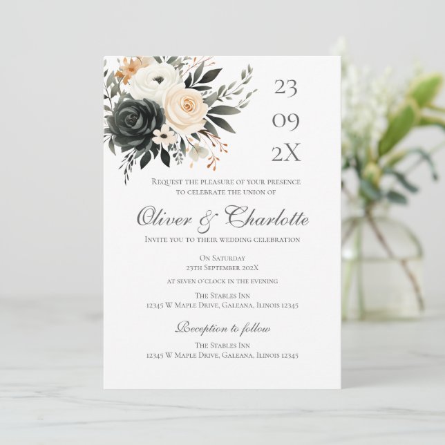 Elegante invitación a la boda floral (Anverso de pie)