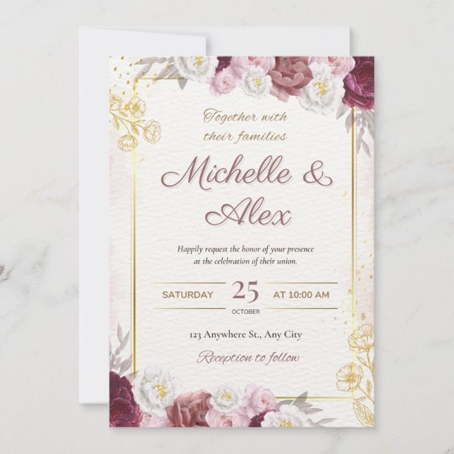 Elegante invitación a la boda floral (Anverso)