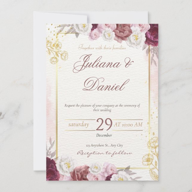 Elegante invitación a la boda floral (Anverso)