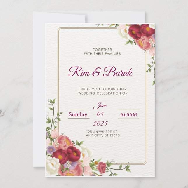 Elegante invitación a la boda floral (Anverso)