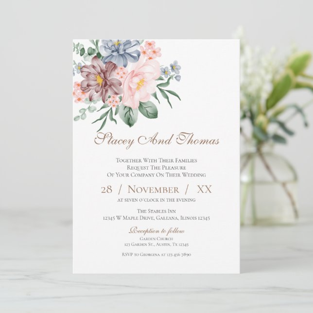 Elegante invitación a la boda floral (Anverso de pie)