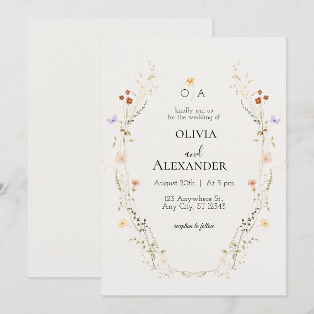 Elegante invitación a la boda floral (Anverso / Reverso)