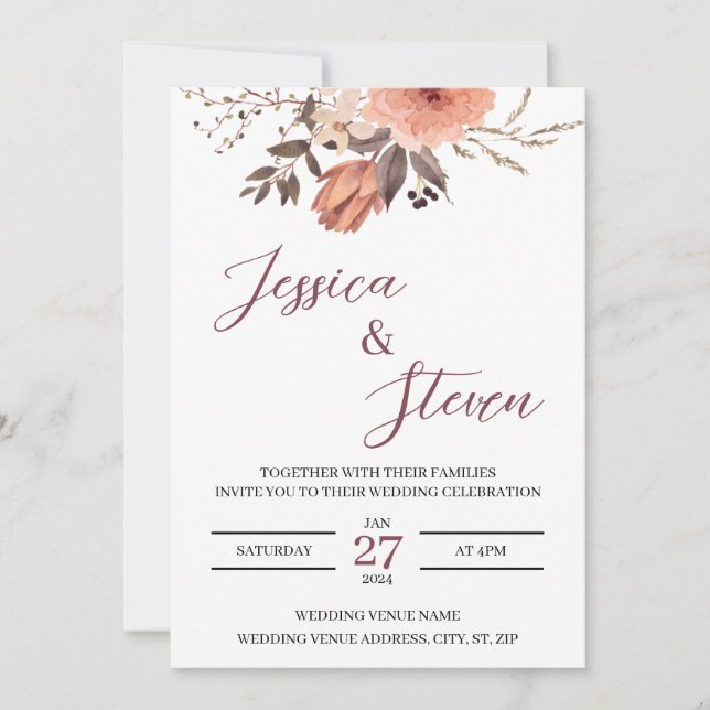 Elegante invitación a la boda floral (Anverso)