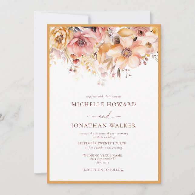 Elegante invitación a la boda floral amarilla (Anverso)