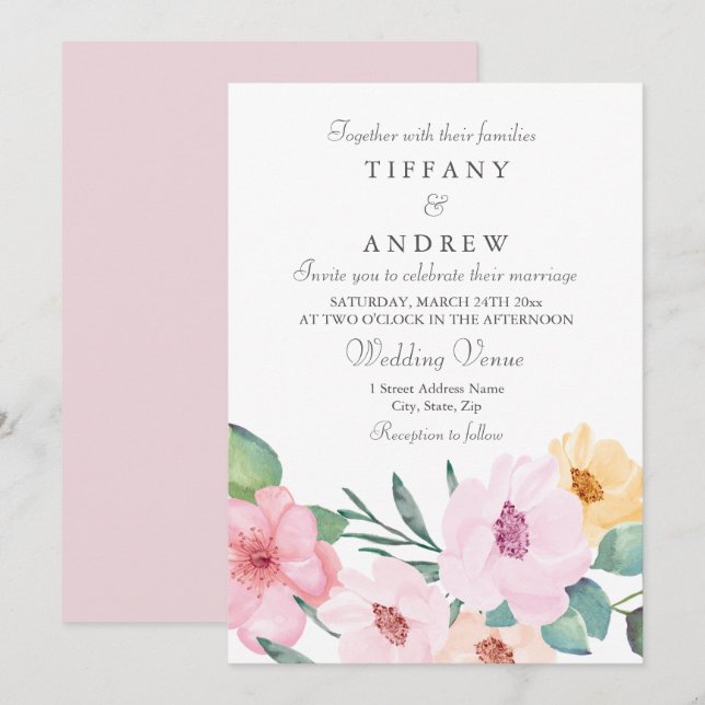 Elegante Invitación a la Boda Floral Amarilla Rosa (Anverso / Reverso)