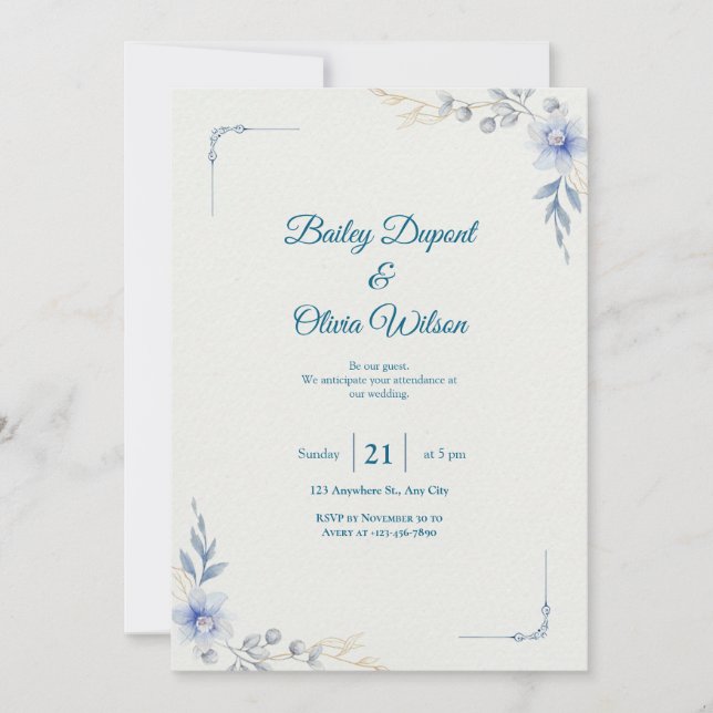 Elegante invitación a la boda floral azul (Anverso)