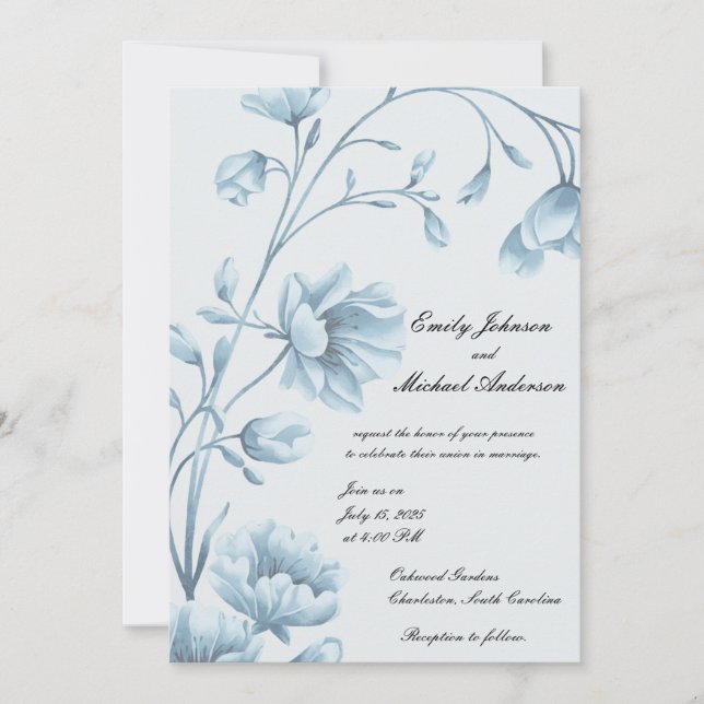 Elegante invitación a la boda floral azul (Anverso)