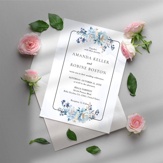 Elegante invitación a la boda floral azul (Subido por el creador)