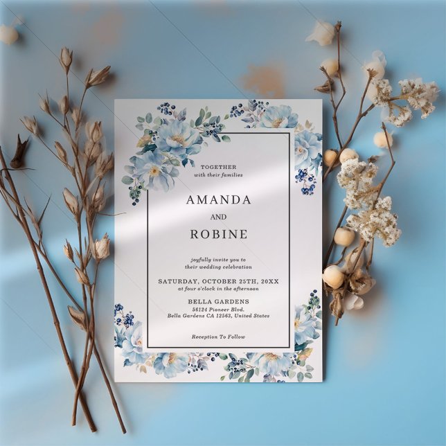 Elegante invitación a la boda floral azul (Subido por el creador)