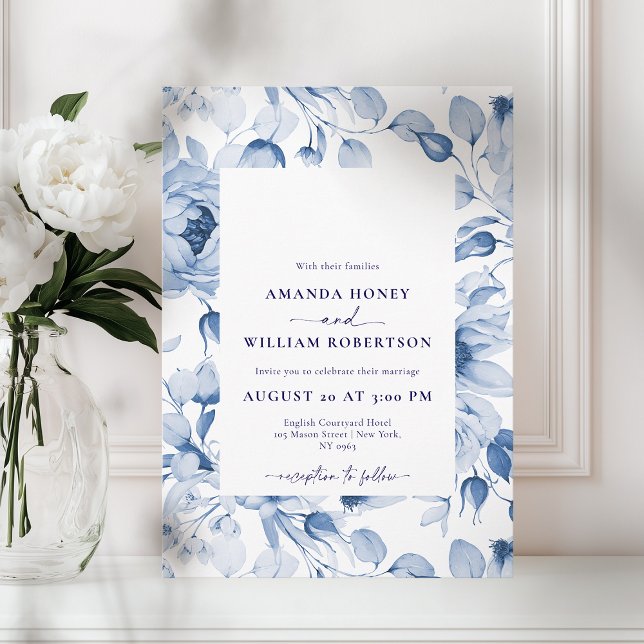 Elegante invitación a la boda floral azul (Subido por el creador)