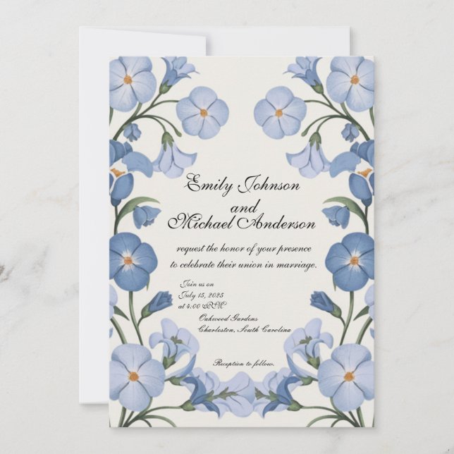 Elegante invitación a la boda floral azul (Anverso)