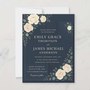 Elegante invitación a la boda floral azul de la Ma