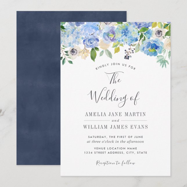 Elegante invitación a la boda floral azul de la Ma (Anverso / Reverso)