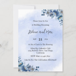 Elegante invitación a la boda floral azul de la Ma