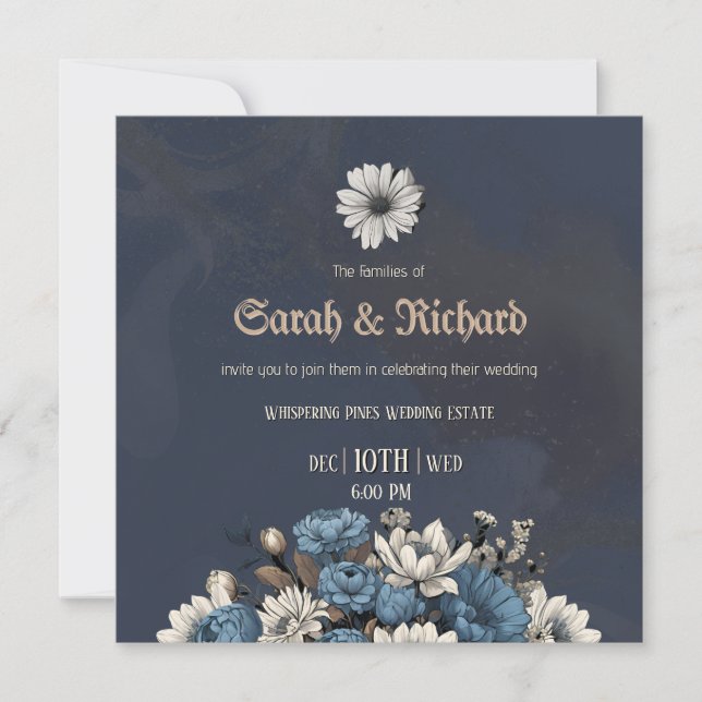 Elegante invitación a la boda floral azul de la Ma (Anverso)