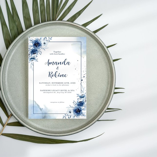 Elegante invitación a la boda floral azul de la Ma (Subido por el creador)