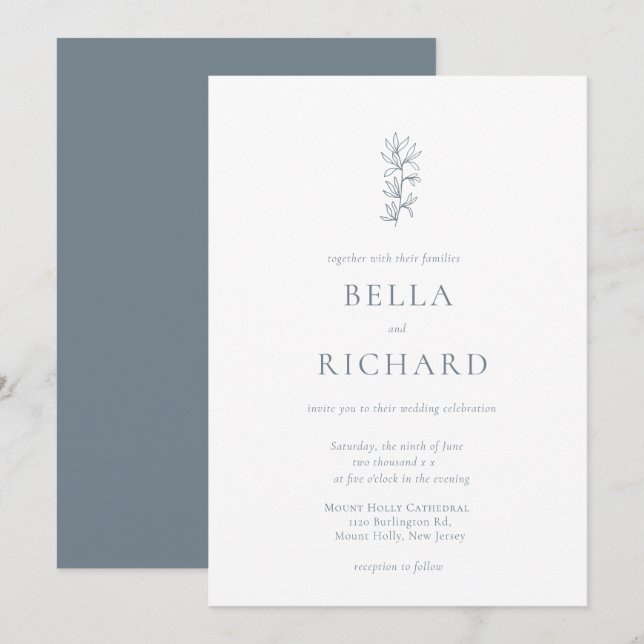 Elegante Invitación a la Boda Floral Azul Dusty Bl (Anverso / Reverso)