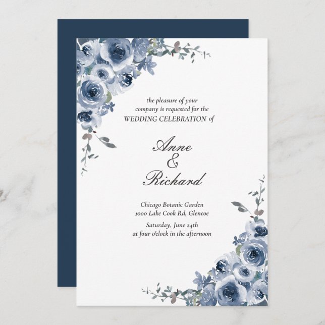 Elegante invitación a la boda floral azul turquesa (Anverso / Reverso)