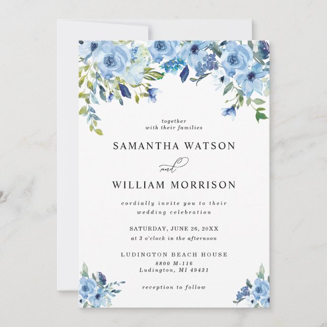 Elegante invitación a la boda floral azul turquesa (Anverso)