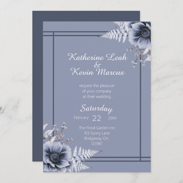 Elegante invitación a la boda floral azul turquesa (Anverso / Reverso)
