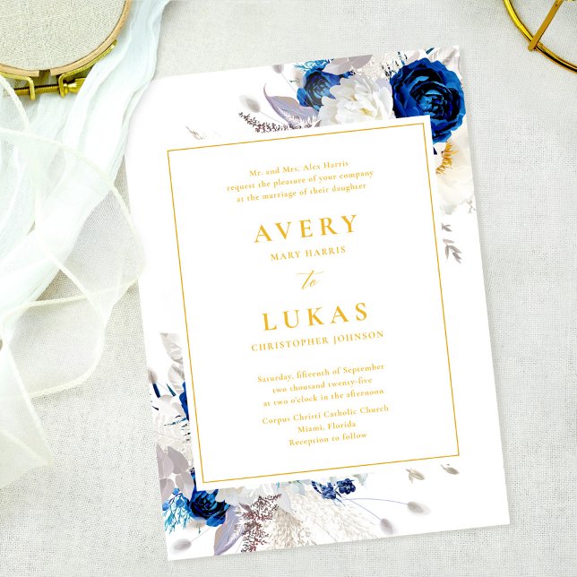 Elegante invitación a la boda floral azul y amaril (Subido por el creador)