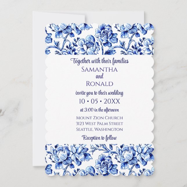 Elegante invitación a la boda floral azul y blanca (Anverso)