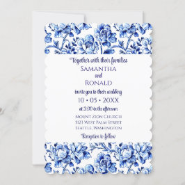 Elegante invitación a la boda floral azul y blanca