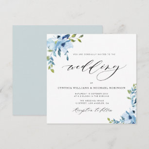 elegante invitación a la boda floral azul y blanca