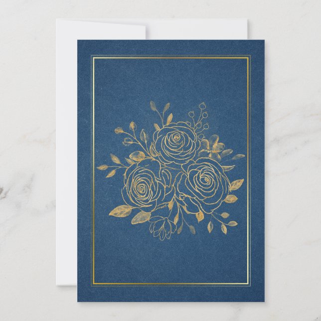 Elegante invitación a la boda floral azul y dorada (Reverso)