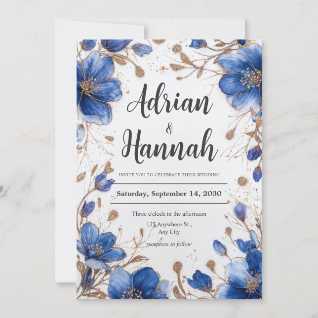Elegante invitación a la boda floral azul y dorada (Anverso)