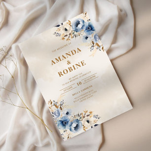 Elegante invitación a la boda floral azul y marrón