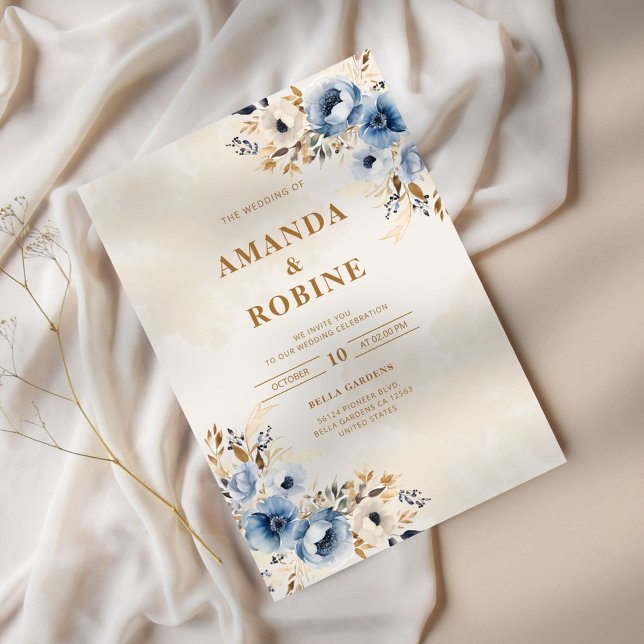 Elegante invitación a la boda floral azul y marrón (Subido por el creador)
