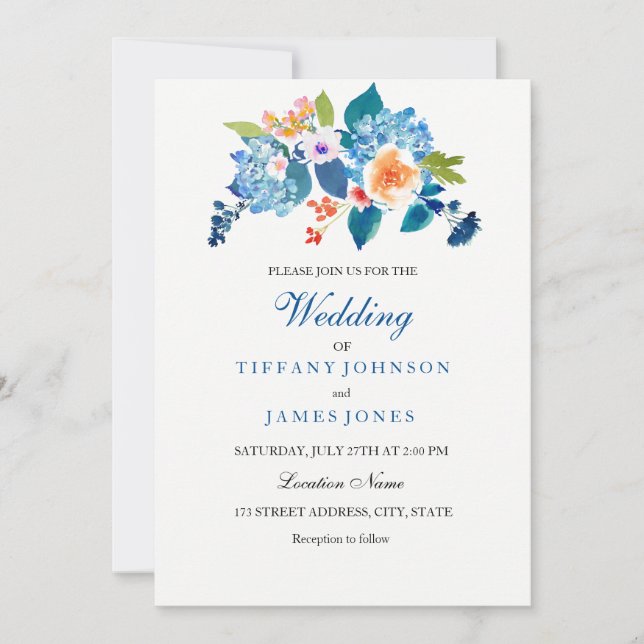 Elegante Invitación a la Boda Floral Azul y Peach (Anverso)