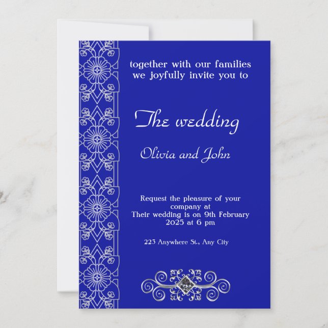 Elegante invitación a la boda floral azul y platea (Anverso)