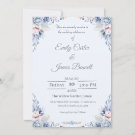 Elegante invitación a la boda floral azul y Rubor