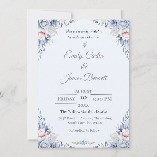 Elegante invitación a la boda floral azul y Rubor (Anverso)