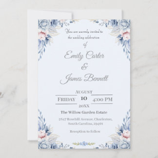 Elegante invitación a la boda floral azul y Rubor