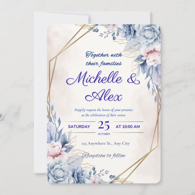 Elegante invitación a la boda floral azul y Rubor (Anverso)