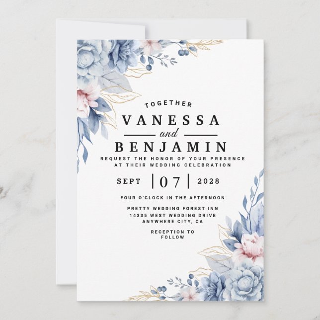 Elegante invitación a la boda floral azul y Rubor (Anverso)