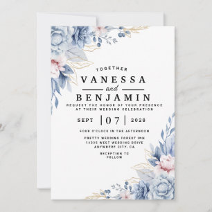 Elegante invitación a la boda floral azul y Rubor