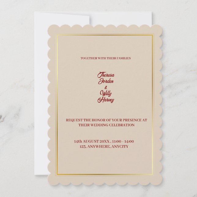 Elegante invitación a la boda floral beige y borgo (Anverso)