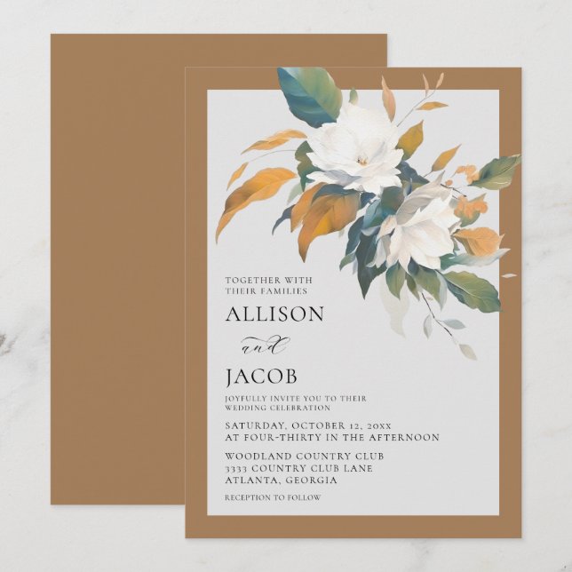 Elegante invitación a la boda floral blanca (Anverso / Reverso)