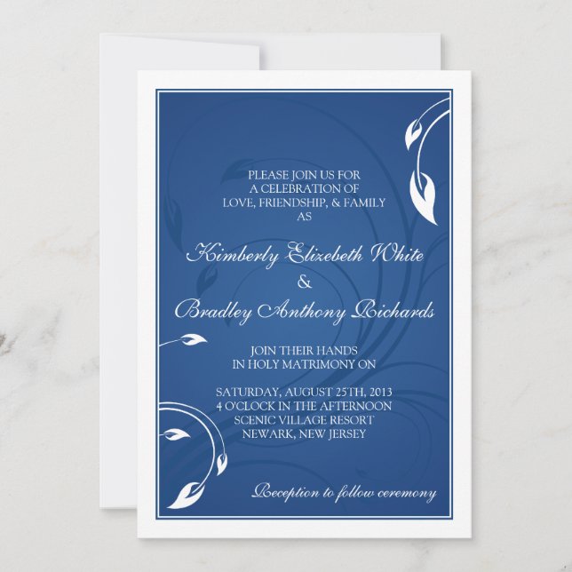 Elegante invitación a la boda floral blanca azul (Anverso)