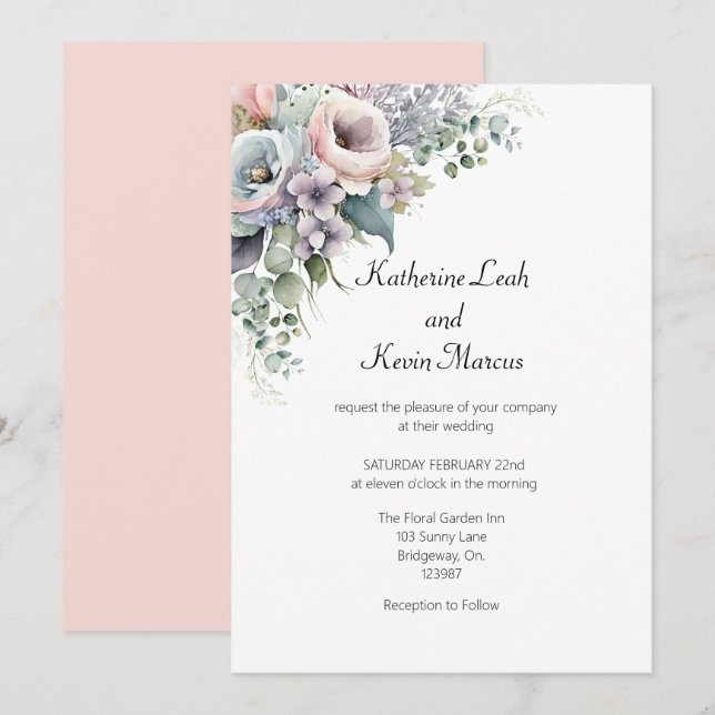 Elegante invitación a la boda floral blanca rosada (Anverso / Reverso)