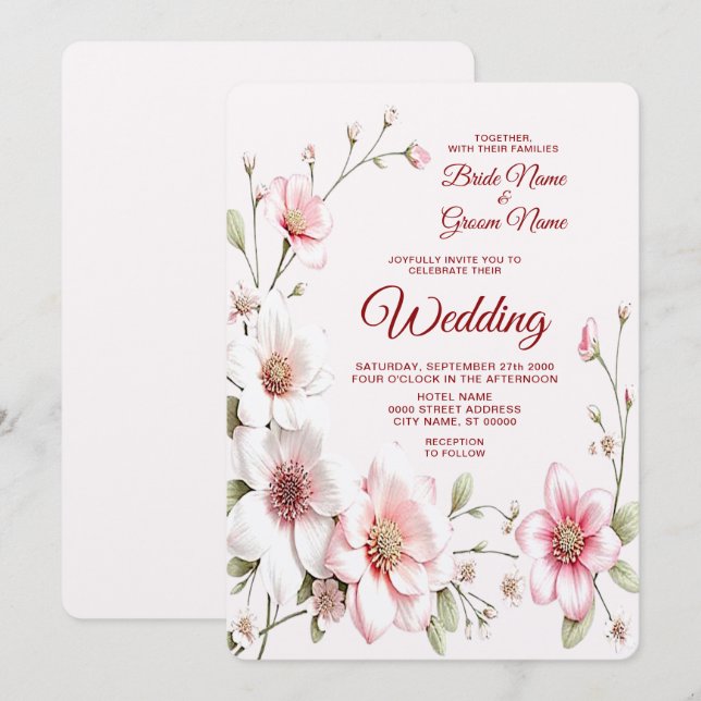 Elegante invitación a la boda floral blanca rosada (Anverso / Reverso)